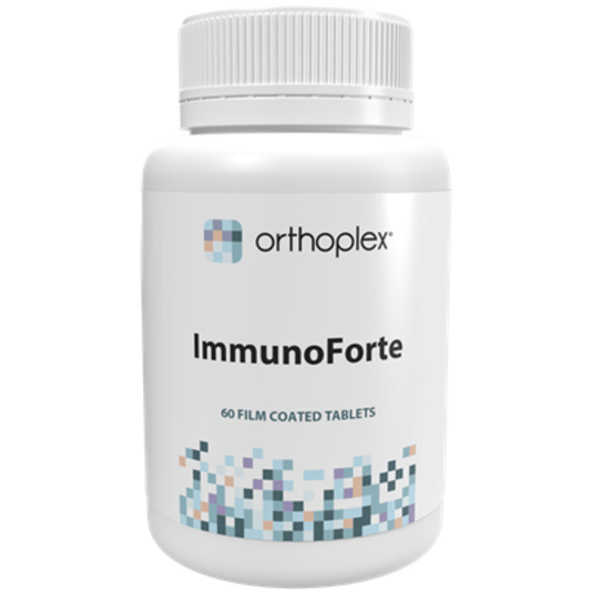 Orthoplex White ImmunoForte 60 Tablets bottle featuring 60 film coated tablets for immune support.