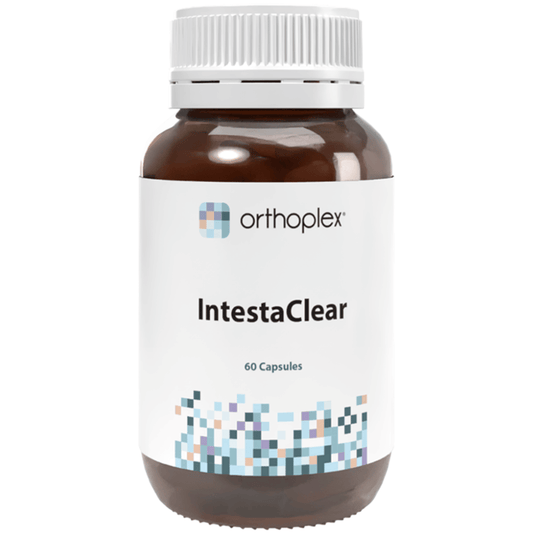 Orthoplex White IntestaClear 60 Capsules bottle with a blend of botanicals for digestive health.