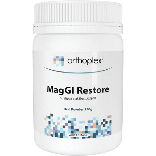 Orthoplex White MagGI Restore Powder Lemon 150g container for gut health and stress support.