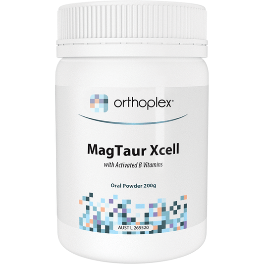 Orthoplex White MagTaur Xcell Oral Powder Lemon 200g jar with activated B vitamins and nutritional information.