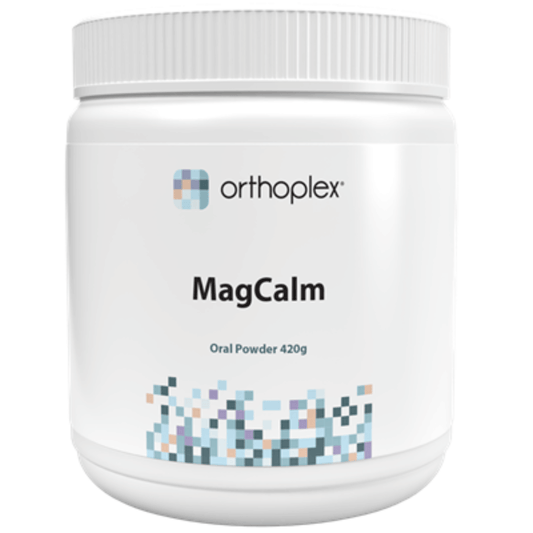 Orthoplex White MagCalm Powder Orange 420g container for stress relief and sleep support.
