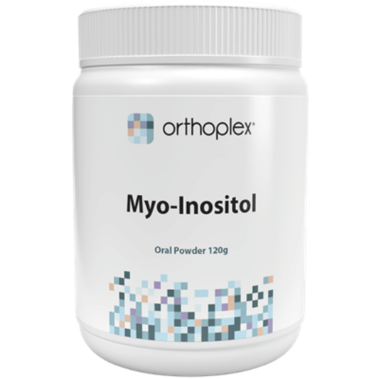 Orthoplex White Myo-Inositol Powder 120g packaging with Myo-Inositol label for health and wellbeing support.