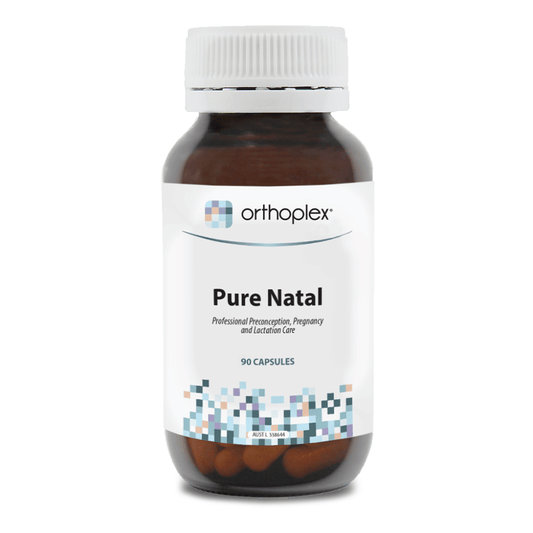 Orthoplex White Pure Natal 90 Capsules bottle for preconception and pregnancy health support.