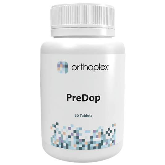 Orthoplex White PreDop 60 Tablets bottle with standardized botanical extracts for stress support.