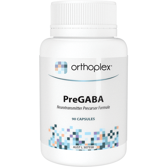 Orthoplex White PreGaba 90 Capsules bottle showcasing neurotransmitter precursor formula.