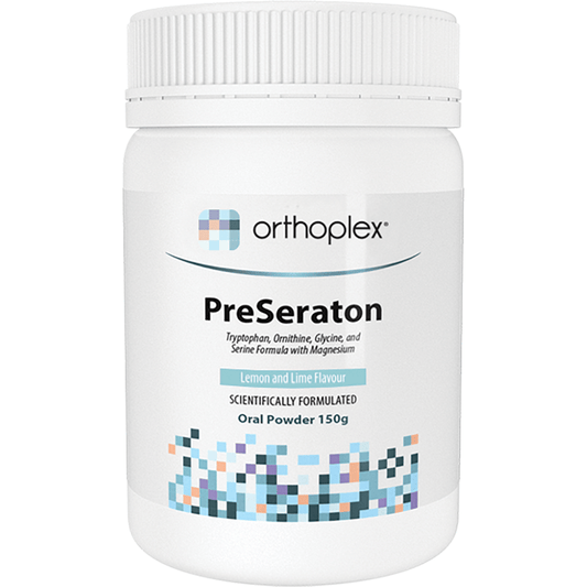 Orthoplex White PreSeraton Powder Lemon 150g in a white container with a scientific label design.