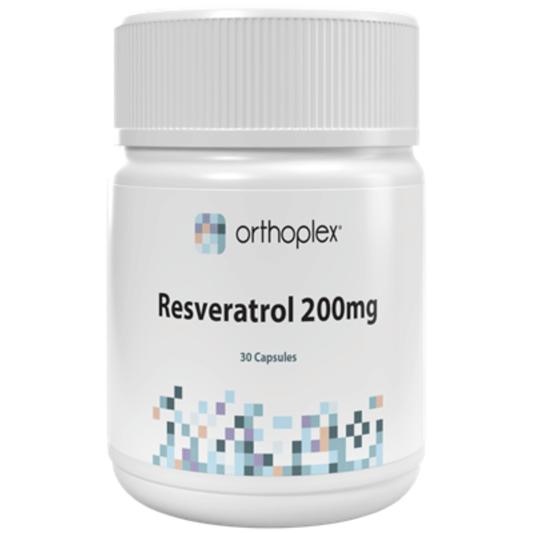 Orthoplex White Resveratrol 200mg 30 Capsules bottle with capsules visible for health support and antioxidant properties.
