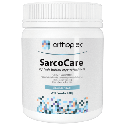 Orthoplex White SarcoCare Oral Powder Chocolate 700g container with muscle health information.