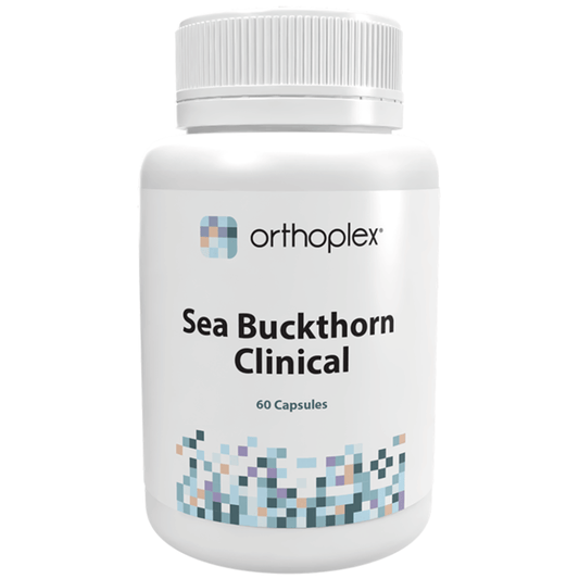 Orthoplex White Sea Buckthorn Clinical 60 Capsules bottle with label featuring Sea Buckthorn Clinical logo.