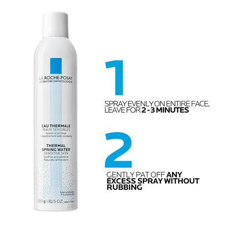 La Roche Posay Thermal Spring Water Facial Mist 300ml applying instructions for skin refreshment and hydration.