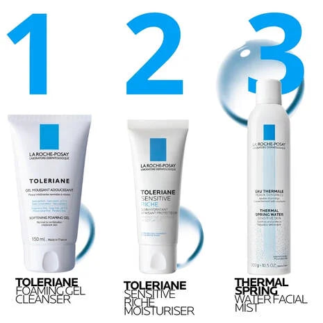 La Roche Posay Thermal Spring Water Facial Mist 300ml alongside Toleriane Foaming Gel Cleanser and Moisturiser.